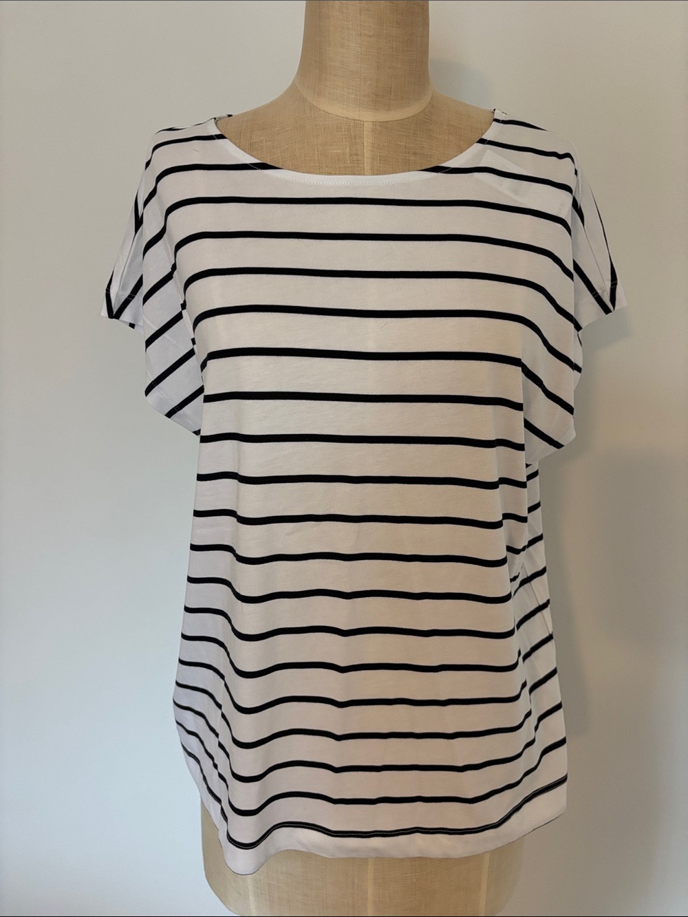 LOFT White and Black Striped Scoop Neck Top